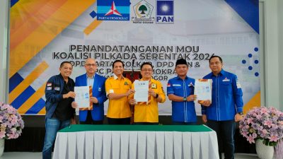 Tandatangani MoU, Golkar PAN Demokrat Siap Memenangkan Jaro Ade Jadi Bupati Bogor