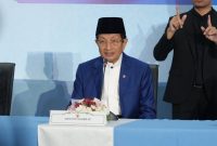Menteri Agama Prof. Dr. H. Nasaruddin Umar, M.A. saat konferensi pers Sidang Isbat penetapan awal Zulhijjah 1447 H yang digelar di Kantor Kemenag Jl. MH. Thamrin Jakarta, Minggu (17/5/2026).