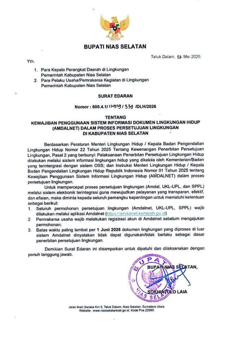 Surat Edaran Bupati Nias Selatan Nomor : 600.4.1/12919/339/DLH/2026 yang diterbitkan pada 12 Mei 2026.