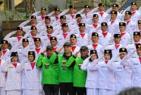 Sebanyak 47 mitra driver Gojek menjadi Gojek Paskibra dalam upacara HUT RI ke-81 di Cibis Park, Cilandak, Jakarta, setelah menjalani pembinaan PPI.