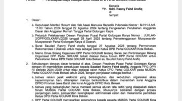 Surat Persetujuan DPPterhada Ranny fahd Arafiq untuk maju sebagai calon Ketua DPD Golkar Kota Bekasi. 