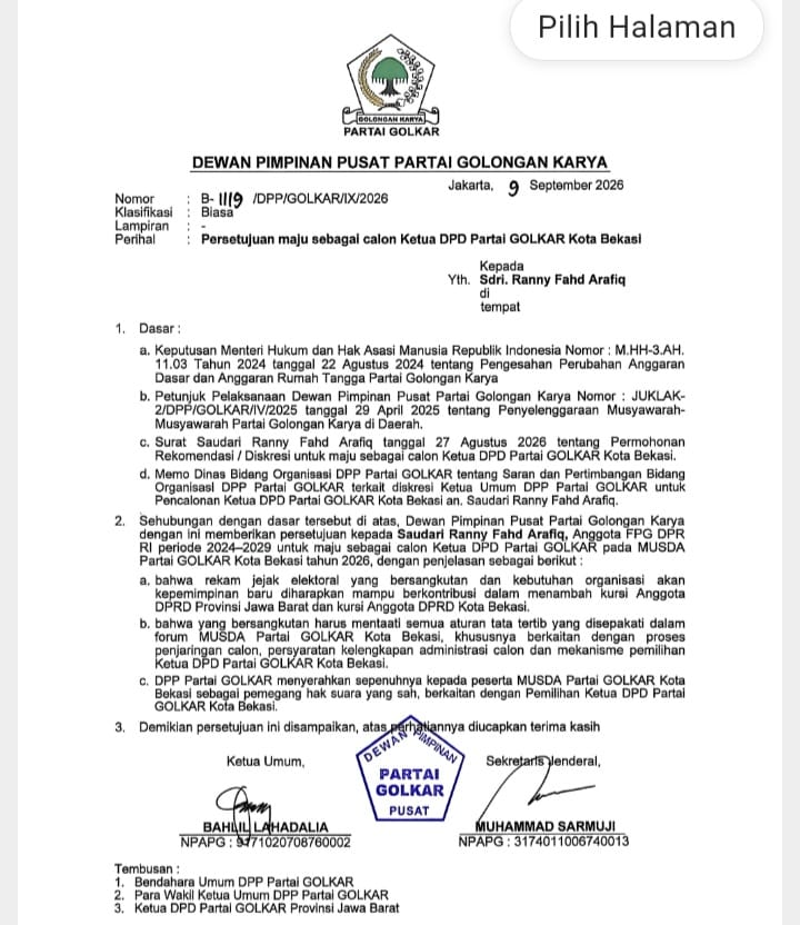 Surat Persetujuan DPPterhada Ranny fahd Arafiq untuk maju sebagai calon Ketua DPD Golkar Kota Bekasi. 